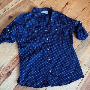 L.L. Bean Blue Polka-Dot Button Up Blouse Size Large